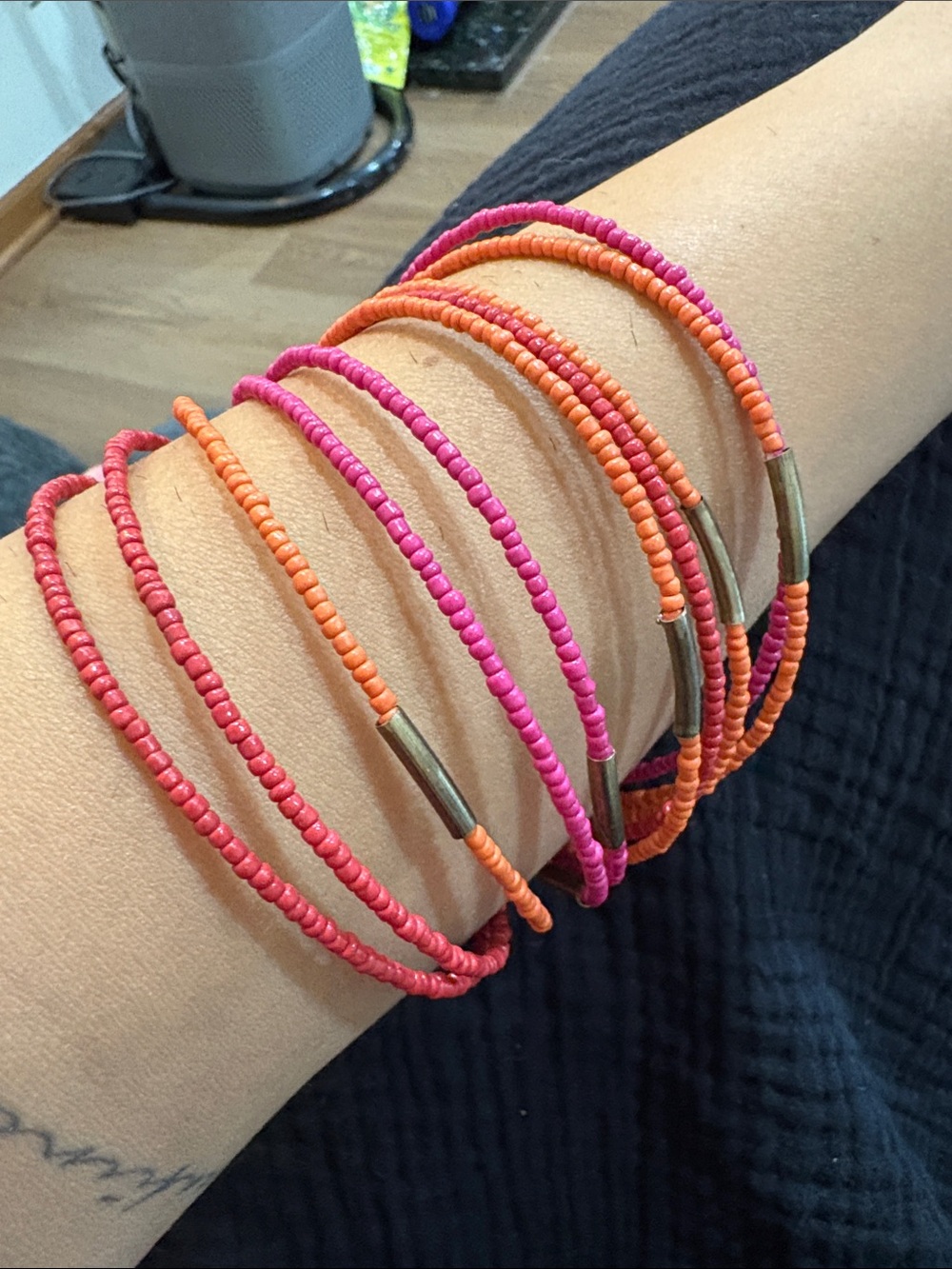 5-Handcrafted Pink & Orange Beaded Wrap Bracelet Set